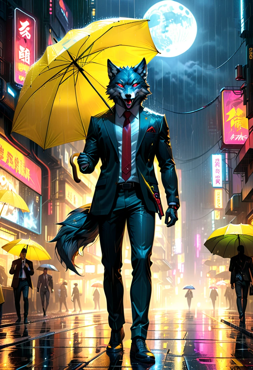 high details, best quality, 16k, RAW, [best detailed], masterpiece, best quality, (extremely detailed), full body, photorealistic, a picture of anthomprh wolf holding an umbrella in cyberpunk street at the rain at night, an epic anthomorph wolf with dynamoc color fur, red glowing eyes, howling to the moon at night, he wears an elegant suit and tie, dark pants, dynamic elegant pants, he is (holding a yellow umbrella: 1.3) ,  in a dark cyberpunk street at night there is a full moon, it is raining, (highest quality:1.2, Very detailed, up to date, Vibrant, Ultra-high resolution, High Contrast, masterpiece:1.2, highest quality, Best aesthetics), best details, best quality, highres, dynamic angle, 16k, [ultra detailed], masterpiece, best quality, (extremely detailed: 1.5), Intense gaze, xh, hand holding umbrella