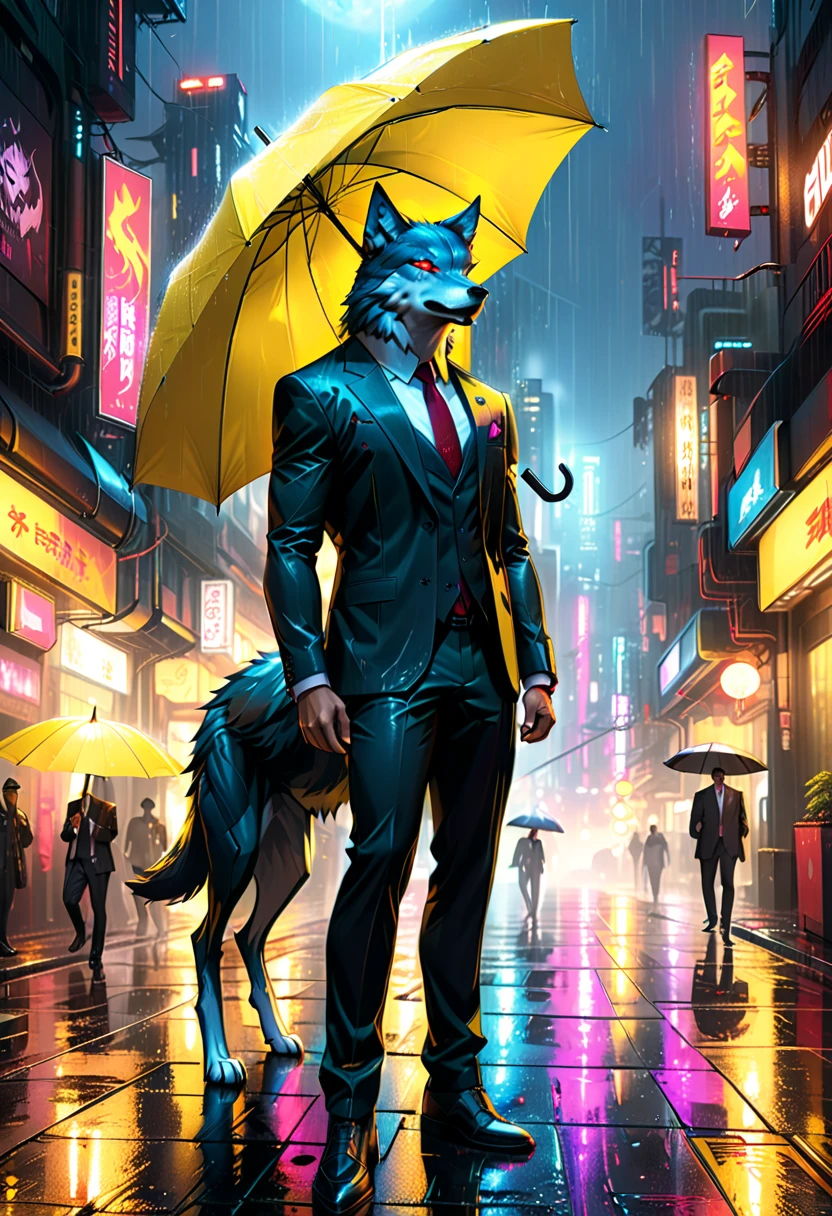 detalhes altos, melhor qualidade, 16k, CRU, [melhor detalhado], obra de arte, melhor qualidade, (extremamente detalhado), corpo todo, fotorrealista, uma foto do lobo anthomprh segurando um guarda-chuva na rua cyberpunk na chuva à noite, um lobo antomorfo épico com pelo de cor dínamo, olhos vermelhos brilhantes, uivando para a lua à noite, ele usa um terno elegante e gravata, calças escuras, calças elegantes dinâmicas, ele é (Segurando um guarda-chuva amarelo: 1.3) ,  em uma rua cyberpunk escura à noite há lua cheia, está chovendo, (mais alta qualidade:1.2, Muito detalhado, atualizado, vibrante, Resolução ultra-alta, Alto contraste, obra de arte:1.2, mais alta qualidade, melhor estética), melhores detalhes, melhor qualidade, alta resolução, Ângulo Dinâmico, 16k, [ultra detalhado], obra de arte, melhor qualidade, (extremamente detalhado: 1.5), Intense gaze, xh, mão segurando guarda-chuva