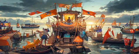 fishermen standing on fishing boats, festivals, flags,Blue Coast, beach, by Bill_Brauer, best quality, masterpiece, very aesthet...