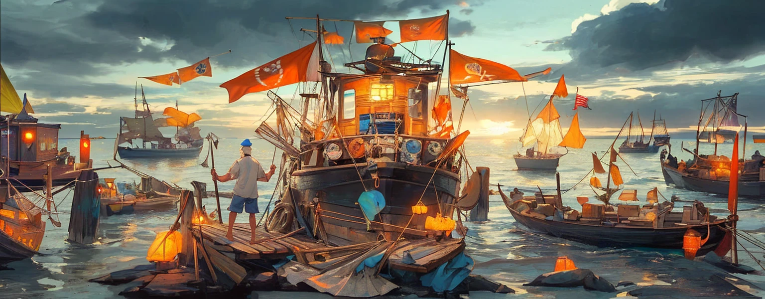 fishermen standing on fishing boats, festivals, flags,Blue Coast, beach, by Bill_Brauer, best quality, masterpiece, very aesthetic, perfect composition, intricate details, ultra-detailed