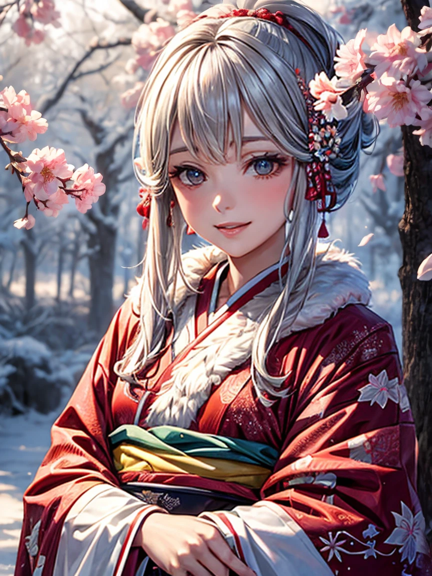 Very detailed CG unity 8k wallpaper., A cute girl, mature gray haired girl, Half update,beautiful girl, hot young woman, white skin(The ultimate masterpiece, beautiful person, well detailed face polluted smilee,   A flat chest is hidden by a kimono.、realistic, Too realistic), Colorful winter kimono in red and pink. 、has white fur、 Wear white gloves.,Japanese style hair accessories,  (light)、smile,upper body 、Japanese background with pink flowers and chrysanthemums,Soft light,white balance,Cloudy edges