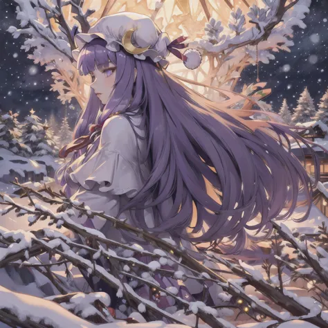 Masterpiece, best quality, height, 
Knowledge about patchouli, 1 girl,purple hair,purple eyes,long hair, Mob hat,Crescent hat or...