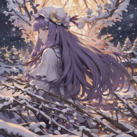 masterpiece, best quality, height, 
knowledge about patchouli, 1 girl,purple hair,purple eyes,long hair, mob hat,crescent hat or...