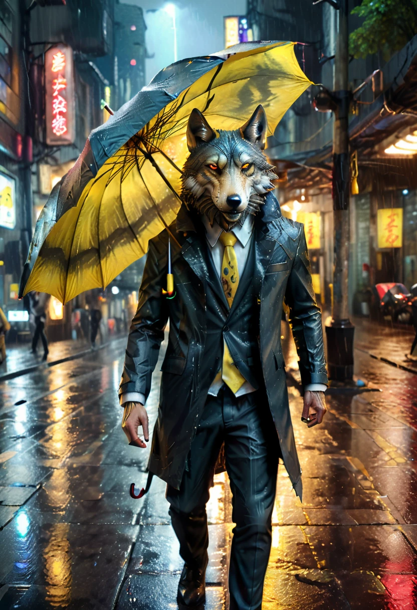 high details, best quality, 16k, RAW, [best detailed], masterpiece, best quality, (extremely detailed), full body, photorealistic, a picture of anthomprh wolf holding an umbrella in cyberpunk street at the rain at night, an epic anthomorph wolf with dynamoc color fur, red glowing eyes, howling to the moon at night, he wears an elegant suit and tie, dark pants, dynamic elegant pants, he is (holding a yellow umbrella: 1.3) , in a dark cyberpunk street at night there is a full moon, it is raining, (highest quality:1.2, Very detailed, up to date, Vibrant, Ultra-high resolution, High Contrast, masterpiece:1.2, highest quality, Best aesthetics), best details, best quality, highres, dynamic angle, 16k, [ultra detailed], masterpiece, best quality, (extremely detailed: 1.5), Intense gaze, xh, hand holding umbrella