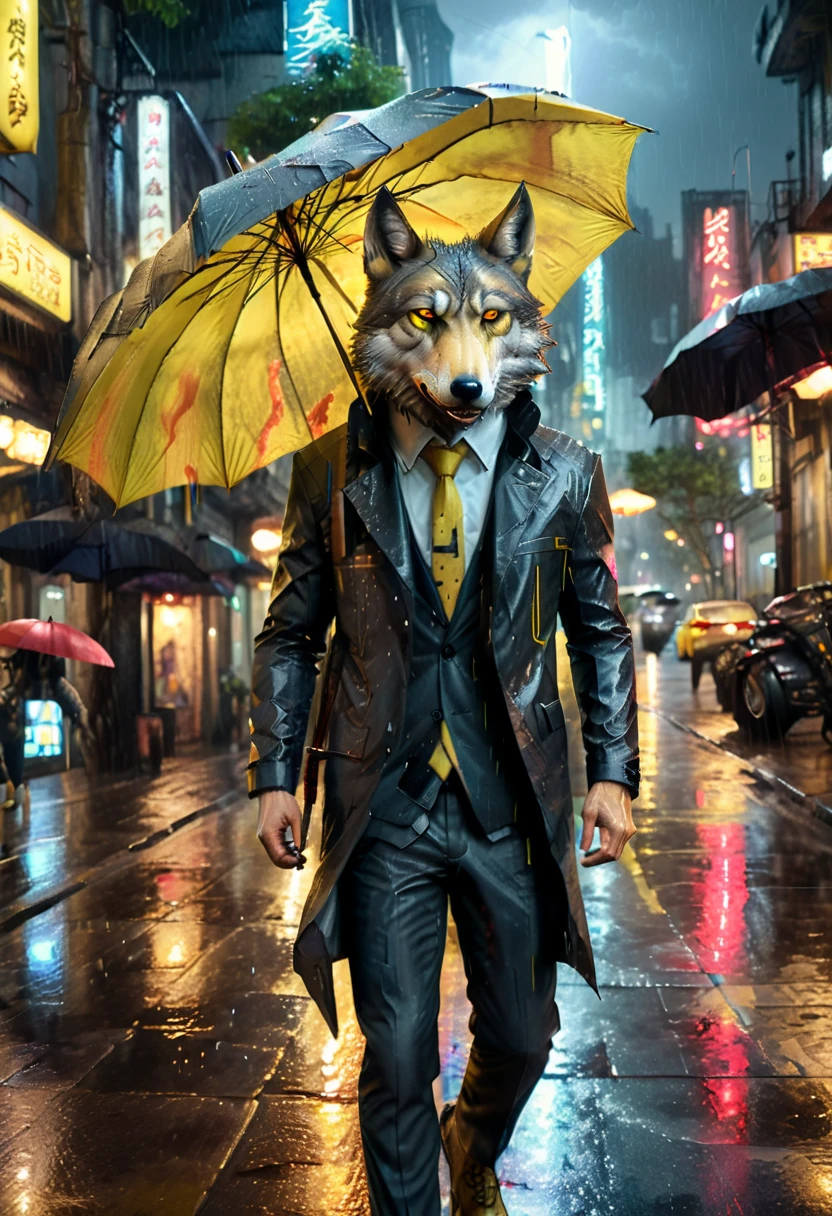 detalhes altos, melhor qualidade, 16k, CRU, [melhor detalhado], obra de arte, melhor qualidade, (extremamente detalhado), corpo todo, fotorrealista, uma foto do lobo anthomprh segurando um guarda-chuva na rua cyberpunk na chuva à noite, um lobo antomorfo épico com pelo de cor dínamo, olhos vermelhos brilhantes, uivando para a lua à noite, ele usa um terno elegante e gravata, calças escuras, calças elegantes dinâmicas, ele é (Segurando um guarda-chuva amarelo: 1.3) , em uma rua cyberpunk escura à noite há lua cheia, está chovendo, (mais alta qualidade:1.2, Muito detalhado, atualizado, vibrante, Resolução ultra-alta, Alto contraste, obra de arte:1.2, mais alta qualidade, melhor estética), melhores detalhes, melhor qualidade, alta resolução, Ângulo Dinâmico, 16k, [ultra detalhado], obra de arte, melhor qualidade, (extremamente detalhado: 1.5), Intense gaze, xh, mão segurando guarda-chuva