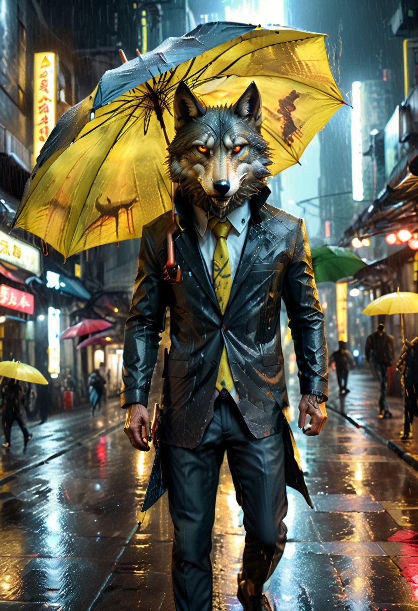 high details, best quality, 16k, RAW, [best detailed], masterpiece, best quality, (extremely detailed), full body, photorealistic, a picture of anthomprh wolf holding an umbrella in cyberpunk street at the rain at night, an epic anthomorph wolf with dynamoc color fur, red glowing eyes, howling to the moon at night, he wears an elegant suit and tie, dark pants, dynamic elegant pants, he is (holding a yellow umbrella: 1.3) , in a dark cyberpunk street at night there is a full moon, it is raining, (highest quality:1.2, Very detailed, up to date, Vibrant, Ultra-high resolution, High Contrast, masterpiece:1.2, highest quality, Best aesthetics), best details, best quality, highres, dynamic angle, 16k, [ultra detailed], masterpiece, best quality, (extremely detailed: 1.5), Intense gaze, xh, hand holding umbrella