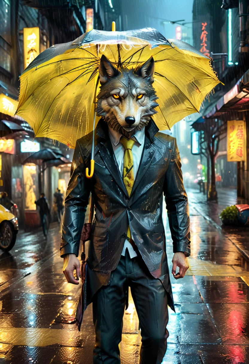 detalhes altos, melhor qualidade, 16k, CRU, [melhor detalhado], obra de arte, melhor qualidade, (extremamente detalhado), corpo todo, fotorrealista, uma foto do lobo anthomprh segurando um guarda-chuva na rua cyberpunk na chuva à noite, um lobo antomorfo épico com pelo de cor dínamo, olhos vermelhos brilhantes, uivando para a lua à noite, ele usa um terno elegante e gravata, calças escuras, calças elegantes dinâmicas, ele é (Segurando um guarda-chuva amarelo: 1.3) , em uma rua cyberpunk escura à noite há lua cheia, está chovendo, (mais alta qualidade:1.2, Muito detalhado, atualizado, vibrante, Resolução ultra-alta, Alto contraste, obra de arte:1.2, mais alta qualidade, melhor estética), melhores detalhes, melhor qualidade, alta resolução, Ângulo Dinâmico, 16k, [ultra detalhado], obra de arte, melhor qualidade, (extremamente detalhado: 1.5), Intense gaze, xh, mão segurando guarda-chuva