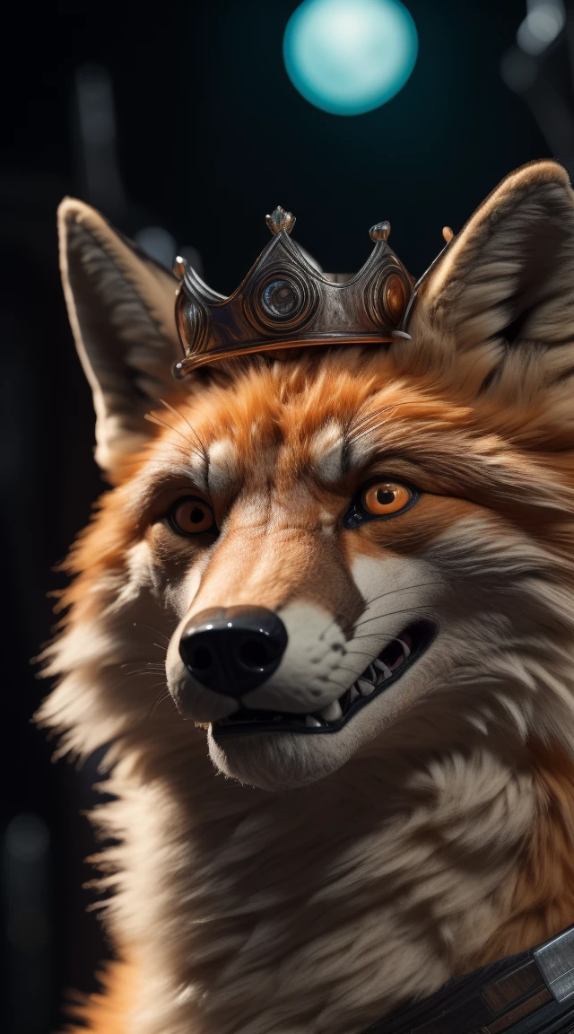 (Bessere Qualität,16K,32k,highres,Meisterwerk:1.2),Ultra-Details,(realistisch,fotorrealistisch,photo-realistisch:1.37),(ein orange-weißer Fuchs) looking at the viewer serious expression with beautiful face a realistisch background bright orange eye A pose of cunning villain with Crown Bright expression of serious brave and confident and cunning