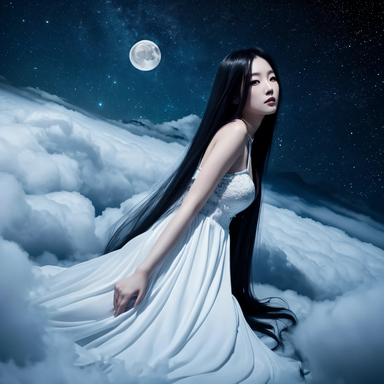 창백한 아시아 여자, 검은색 아주 긴 머리, 흰색 빛나는 긴 드레스, 어두운 구름 위에 누워. 밤 . 별. 달. 공상, 다크 바이브, 섹시한 포즈, 카메라를보고