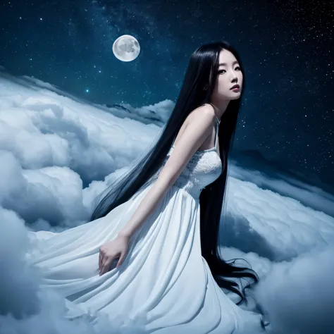 A pale Asian woman, black very long hair, white glowy long dress, laying on the dark cloud. Night . Stars. Moon. Fantasy, dark V...