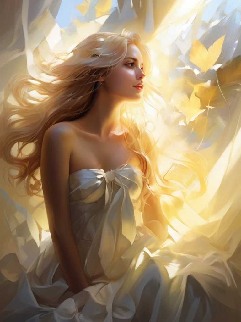 1 Girl, Blonde, Long Hair, alone, magic, Strapless White Dress, Sunlight on hair