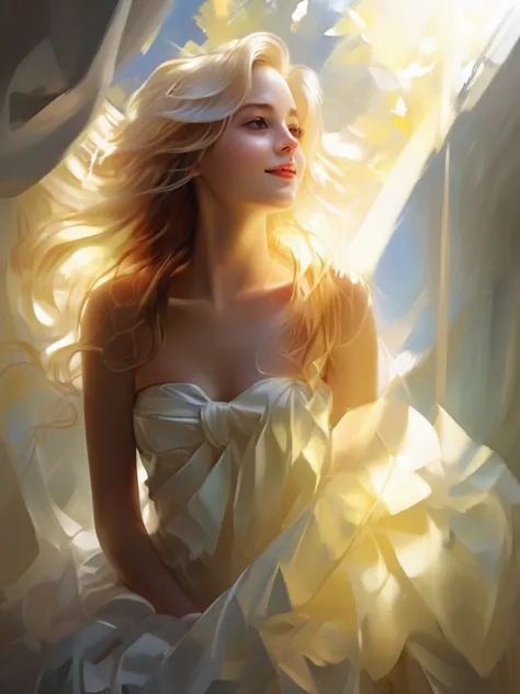 1 girl, blonde, long hair, alone, magic, strapless white dress, sunlight on hair