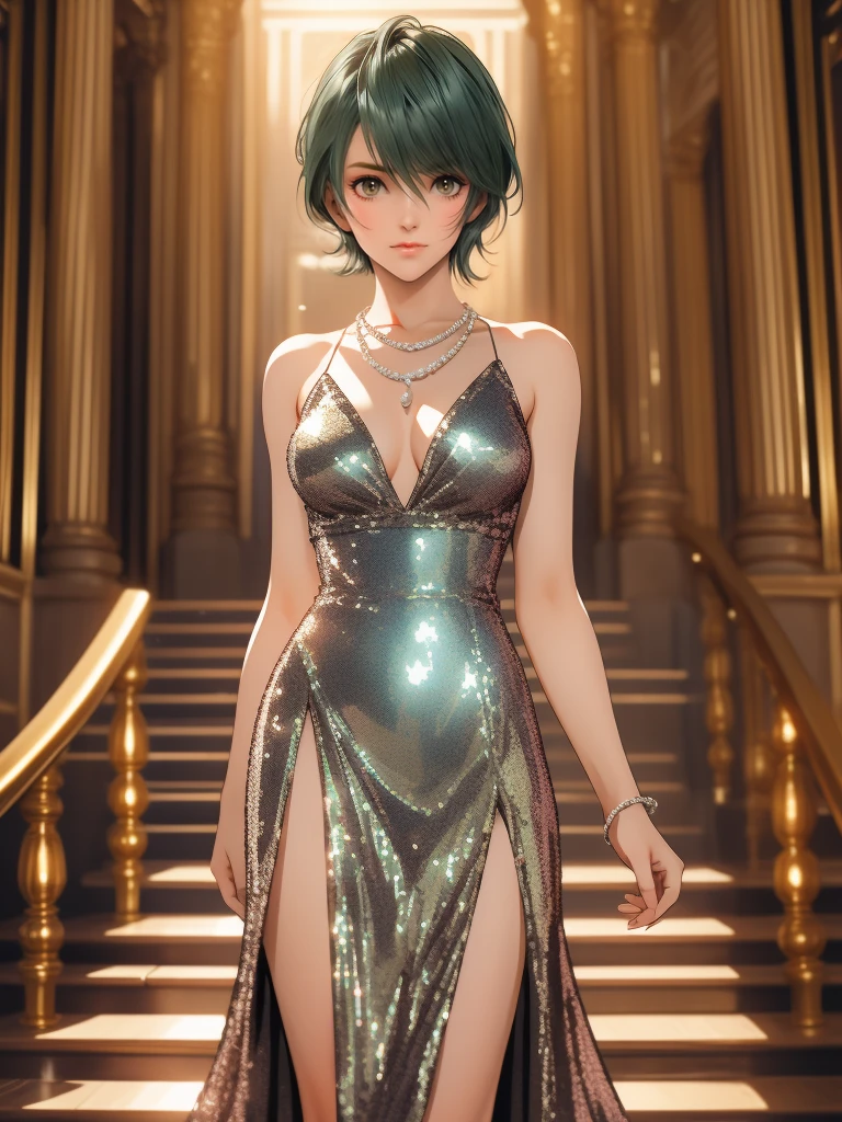 masterpiece, 1woman, tamaki, green short hair, hair between eyes, Thin eyebrows, detailed eyes, (silver sequined dress:1.3), blush, Pearl Necklace, standing on the grand staircase,