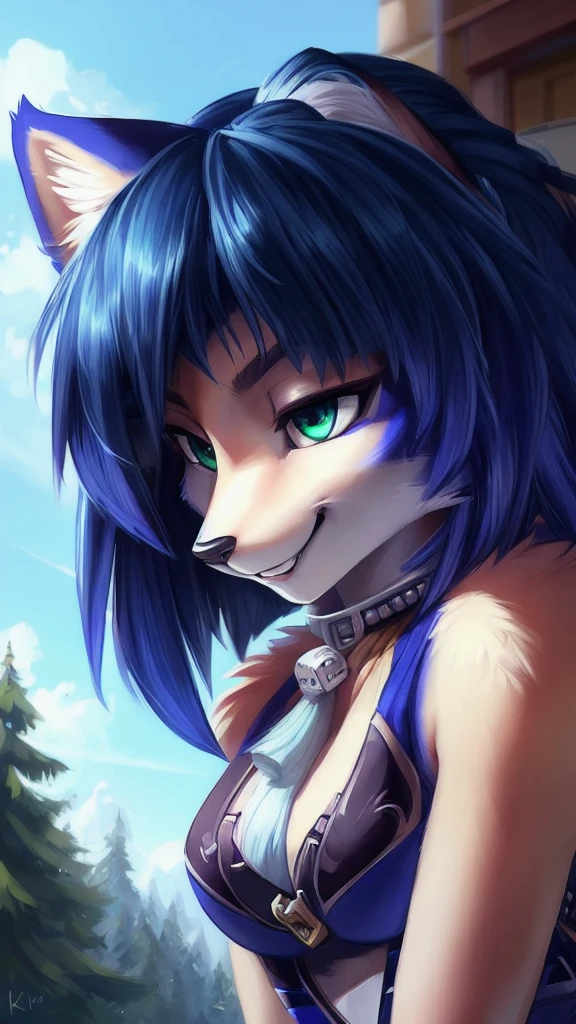 A beautiful and detailed (sweet portrait) wa ((Krystal)), Star Fox Krystal, sslim, lovable, green eyes, medium breasts, (((Long blue hair 1.3))), Decollete, grin, look up,, anthro, furry, Uploaded E621, detailed fluffy fur, (wa Fluff-Kevlar, Bayard Wu, personalize me, Pino Daeni), detailed face, (fluffy), 1 girl,  alone, 