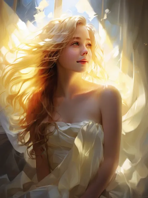 1 girl, blonde, long hair, alone, magic, strapless white dress, sunlight on hair、hopeful face、