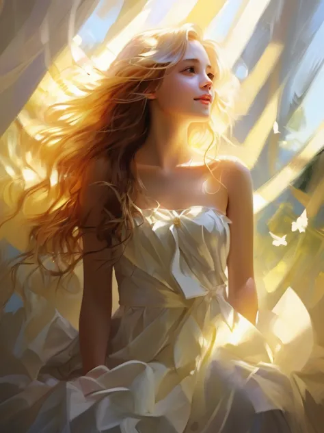 1 girl, blonde, long hair, alone, magic, strapless white dress, sunlight on hair、hopeful face、