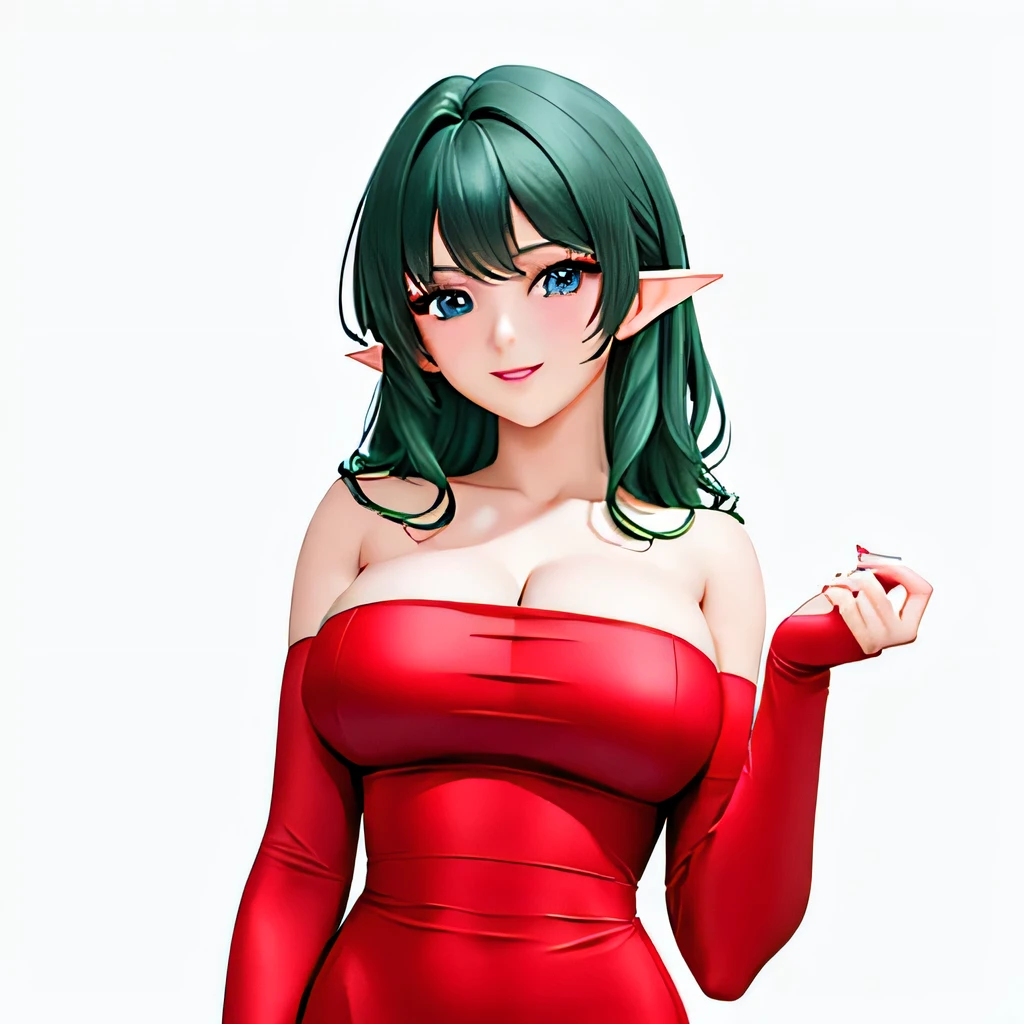  (masterpiece,best quality,ultra-delicate,Perfect Face,16k,high resolution,very beautiful girl),Medium short deep green hair:1.2, Red strapless bodycon tube dress ,Red long arm sleeves,Elf Girl,((gigantic Breasts)),blue eyes,Beautiful smile,20 years old,