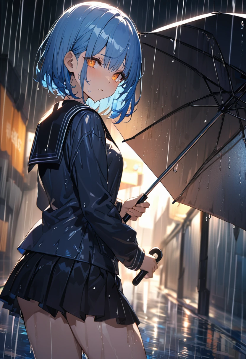 Une fille、Light Cheveux bleus、Yeux oranges、yeux bridés、Costume De Marin Noir、mini jupe bleu marine、tout le corps、Tenir un parapluie、regarde en arrière、pluie、Cheveux bleus, cheveux humide, coupe au carré, tsurime, Yeux oranges,  larmes, UHD, Super détail、lumière tamisée