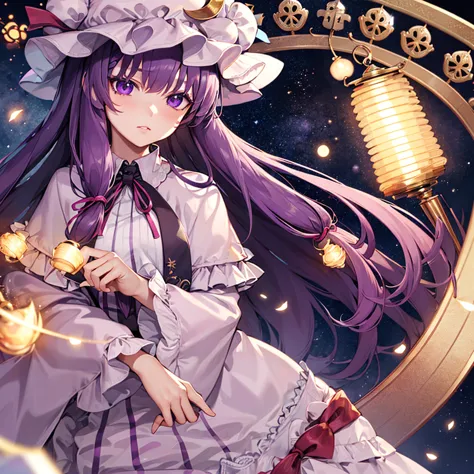 holding amethyst,  glow, 
1 girl,purple hair,purple eyes,long hair, Mob hat,Crescent hat ornament, ribbon,set, 