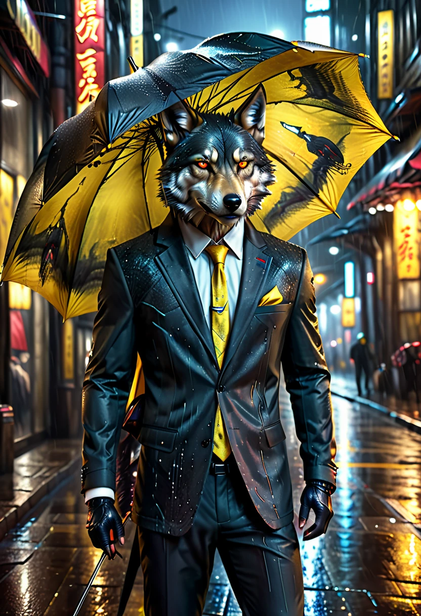 high details, best quality, 16k, RAW, [best detailed], masterpiece, best quality, (extremely detailed), full body, photorealistic, a picture of anthomprh wolf holding an umbrella in cyberpunk street at the rain at night, an epic anthomorph wolf with dynamoc color fur, red glowing eyes, howling to the moon at night, he wears an elegant suit and tie, dark pants, dynamic elegant pants, he is (holding a yellow umbrella: 1.3) , in a dark cyberpunk street at night there is a full moon, it is raining, (highest quality:1.2, Very detailed, up to date, Vibrant, Ultra-high resolution, High Contrast, masterpiece:1.2, highest quality, Best aesthetics), best details, best quality, highres, dynamic angle, 16k, [ultra detailed], masterpiece, best quality, (extremely detailed: 1.5), Intense gaze, xh, hand holding umbrella