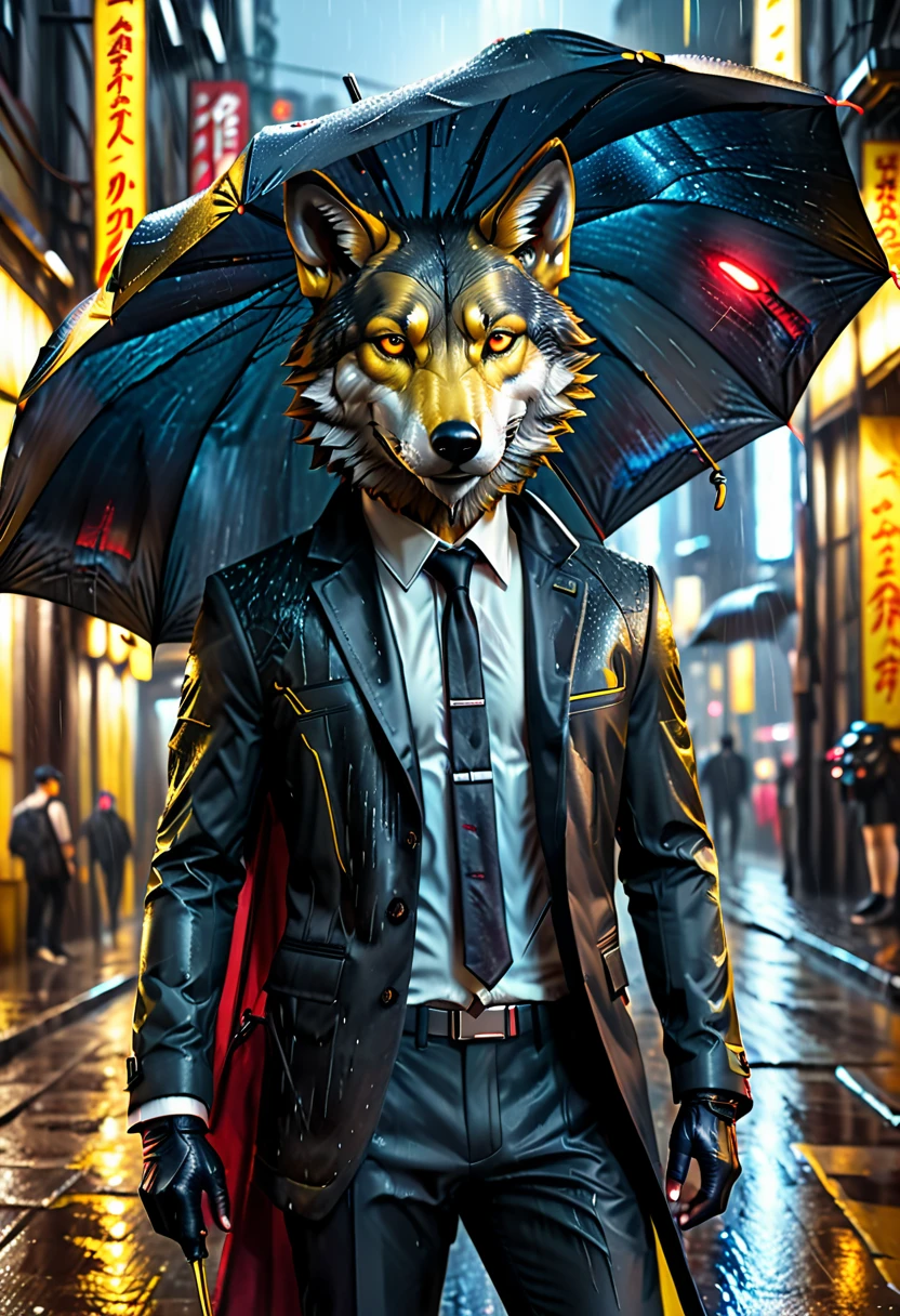 detalhes altos, melhor qualidade, 16k, CRU, [melhor detalhado], obra de arte, melhor qualidade, (extremamente detalhado), corpo todo, fotorrealista, uma foto do lobo anthomprh segurando um guarda-chuva na rua cyberpunk na chuva à noite, um lobo antomorfo épico com pelo de cor dínamo, olhos vermelhos brilhantes, uivando para a lua à noite, ele usa um terno elegante e gravata, calças escuras, calças elegantes dinâmicas, ele é (Segurando um guarda-chuva amarelo: 1.3) , em uma rua cyberpunk escura à noite há lua cheia, está chovendo, (mais alta qualidade:1.2, Muito detalhado, atualizado, vibrante, Resolução ultra-alta, Alto contraste, obra de arte:1.2, mais alta qualidade, melhor estética), melhores detalhes, melhor qualidade, alta resolução, Ângulo Dinâmico, 16k, [ultra detalhado], obra de arte, melhor qualidade, (extremamente detalhado: 1.5), Intense gaze, xh, mão segurando guarda-chuva