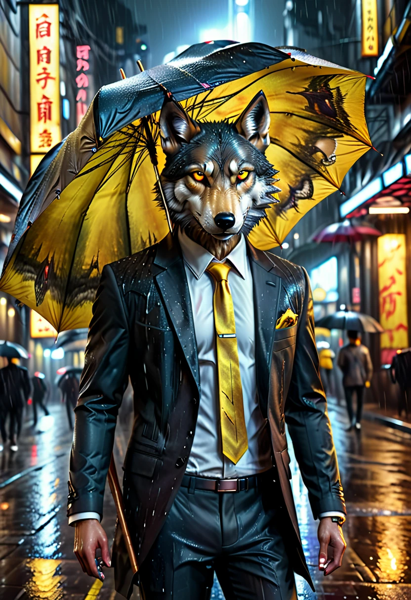 detalhes altos, melhor qualidade, 16k, CRU, [melhor detalhado], obra de arte, melhor qualidade, (extremamente detalhado), corpo todo, fotorrealista, uma foto do lobo anthomprh segurando um guarda-chuva na rua cyberpunk na chuva à noite, um lobo antomorfo épico com pelo de cor dínamo, olhos vermelhos brilhantes, uivando para a lua à noite, ele usa um terno elegante e gravata, calças escuras, calças elegantes dinâmicas, ele é (Segurando um guarda-chuva amarelo: 1.3) , em uma rua cyberpunk escura à noite há lua cheia, está chovendo, (mais alta qualidade:1.2, Muito detalhado, atualizado, vibrante, Resolução ultra-alta, Alto contraste, obra de arte:1.2, mais alta qualidade, melhor estética), melhores detalhes, melhor qualidade, alta resolução, Ângulo Dinâmico, 16k, [ultra detalhado], obra de arte, melhor qualidade, (extremamente detalhado: 1.5), Intense gaze, xh, mão segurando guarda-chuva