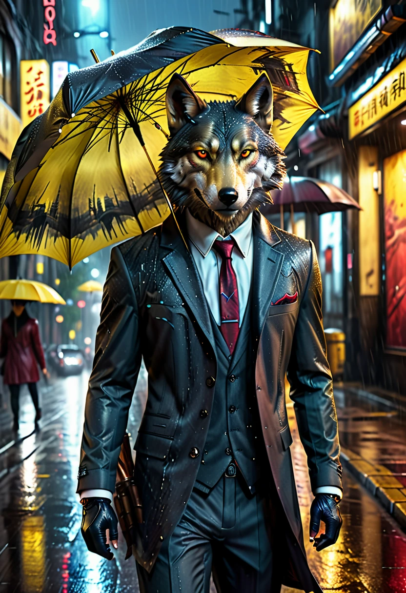 high details, best quality, 16k, RAW, [best detailed], masterpiece, best quality, (extremely detailed), full body, photorealistic, a picture of anthomprh wolf holding an umbrella in cyberpunk street at the rain at night, an epic anthomorph wolf with dynamoc color fur, red glowing eyes, howling to the moon at night, he wears an elegant suit and tie, dark pants, dynamic elegant pants, he is (holding a yellow umbrella: 1.3) , in a dark cyberpunk street at night there is a full moon, it is raining, (highest quality:1.2, Very detailed, up to date, Vibrant, Ultra-high resolution, High Contrast, masterpiece:1.2, highest quality, Best aesthetics), best details, best quality, highres, dynamic angle, 16k, [ultra detailed], masterpiece, best quality, (extremely detailed: 1.5), Intense gaze, xh, hand holding umbrella