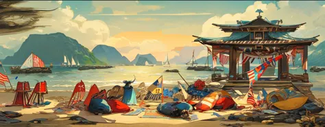  festivals, flags,Blue Coast, beach, by Bill_Brauer, best quality, masterpiece, very aesthetic, perfect composition, intricate d...