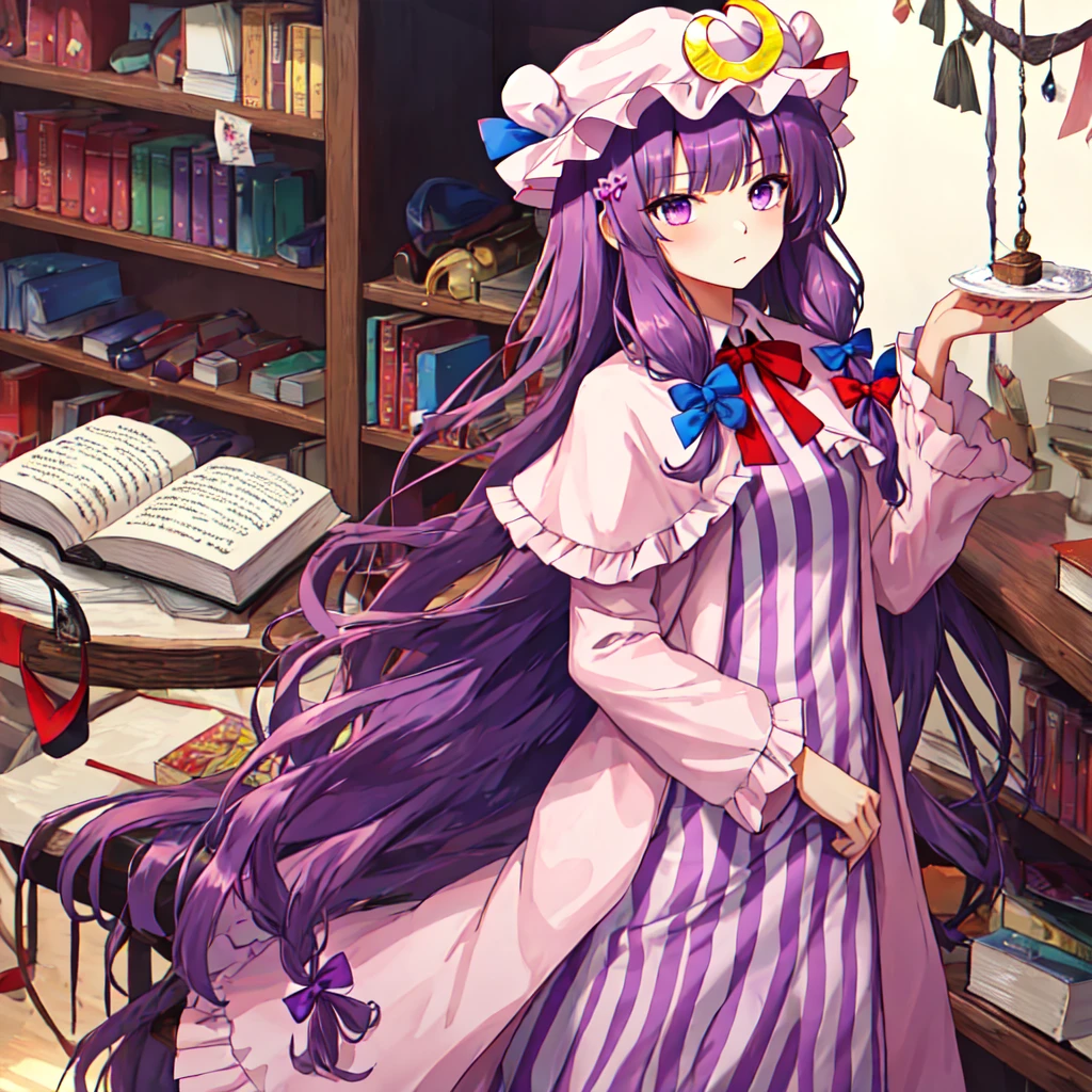 best quality, Masterpiece, height, alone, {patchouli_knowledge_Toho:1.15}, long_hair, purple_hair, crescent, purple_eyes, ribbon, have, bow, smooth, pain_hat, have_decorations, crescent_have_decorations, hair_bow, red_bow, light blue_bow, on_body, book, red_ribbon, hatelet, have_ribbon, streaks, a lot_long_hair