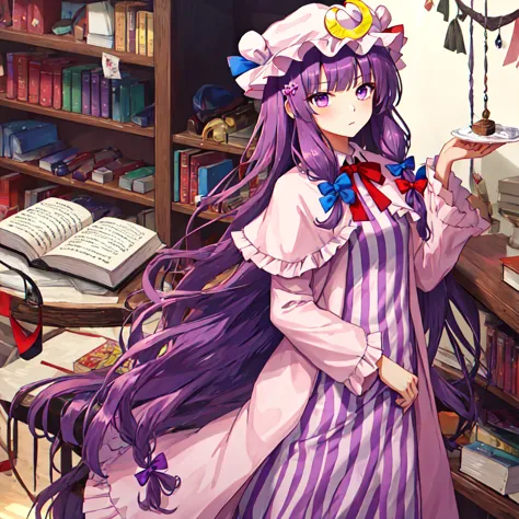 best quality, Masterpiece, height, alone, {patchouli_knowledge_Toho:1.15}, long_hair, purple_hair, crescent, purple_eyes, ribbon...