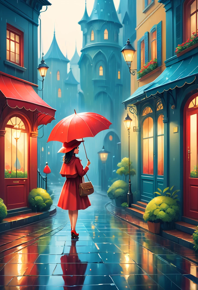 Cute illustration: Landscape,Street corner on a rainy day,A landscape that looks like an illustration from a picture book,Rich in emotion,Cute girl with a red umbrella,create an artistic background,Add a drop pattern to the background,The streets are fancy, like a fairy tale,This is a cute illustration like a dream.,Please blur the lines of the droplet pattern to create an artistic expression.,Intricate details,Wide range of colors,artwork,rendering,(masterpiece:1.3),(highest quality:1.4),(Super detailed:1.5),High resolution,Very detailed,unity 8k wallpaper