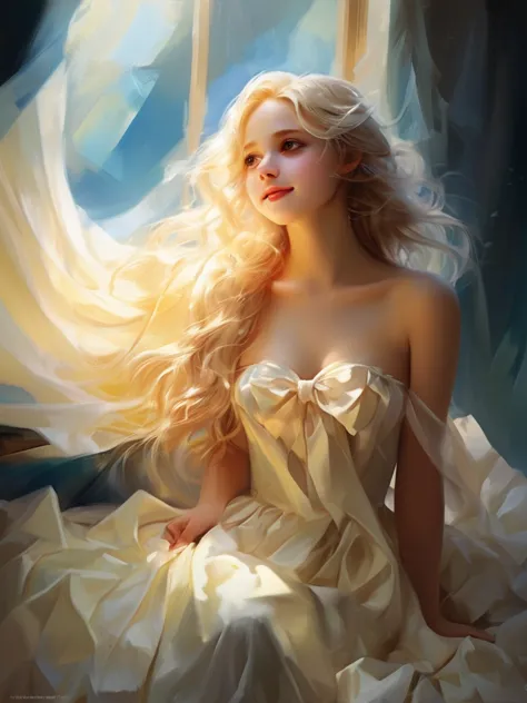 1 girl, blonde, long hair, alone, magic, strapless white dress、hopeful face、