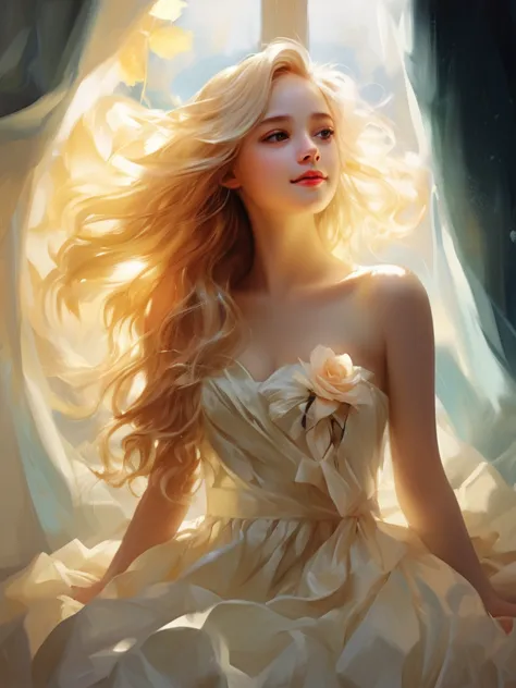 1 girl, blonde, long hair, alone, magic, strapless white dress、hopeful face、