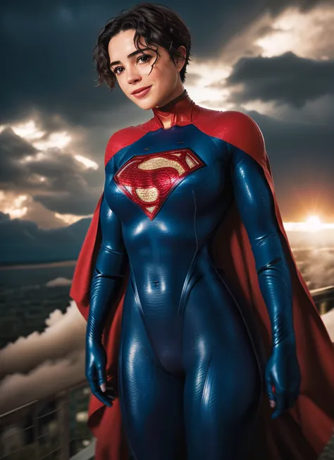 photo of supergirl, short hair, bodysuit, cape, smile, outdoors stormy night, background sky, analog style (look at viewer:1.2) ...