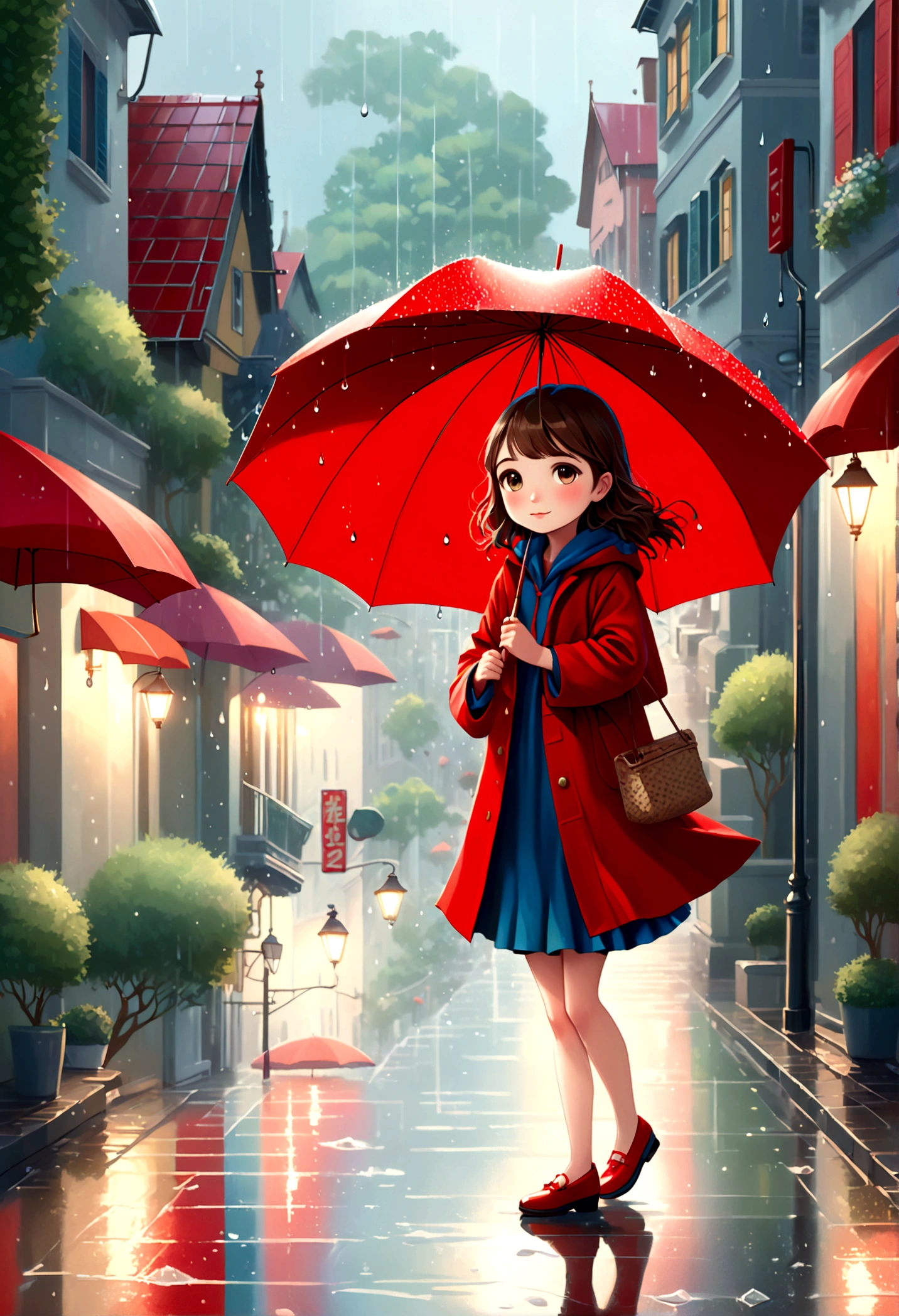 Cute illustration: Landscape,Street corner on a rainy day,A landscape that looks like an illustration from a picture book,Rich in emotion,Cute girl with a red umbrella,create an artistic background,Add a drop pattern to the background,The streets are fancy, like a fairy tale,This is a cute illustration like a dream.,Please blur the lines of the droplet pattern to create an artistic expression.,Intricate details,Wide range of colors,artwork,rendering,(masterpiece:1.3),(highest quality:1.4),(Super detailed:1.5),High resolution,Very detailed,unity 8k wallpaper