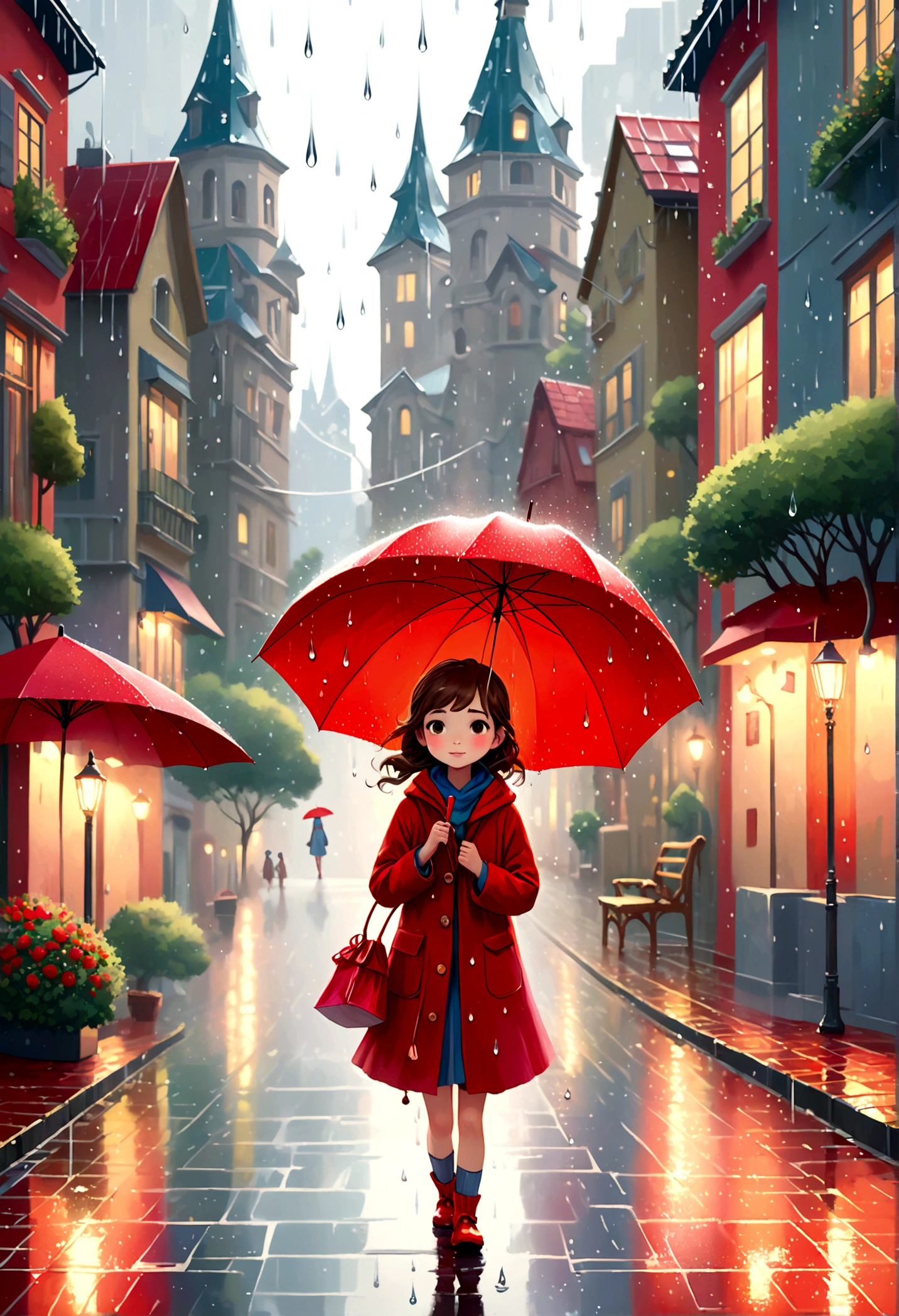 Cute illustration: Landscape,Street corner on a rainy day,A landscape that looks like an illustration from a picture book,Rich in emotion,Cute girl with a red umbrella,create an artistic background,Add a drop pattern to the background,The streets are fancy, like a fairy tale,This is a cute illustration like a dream.,Please blur the lines of the droplet pattern to create an artistic expression.,Intricate details,Wide range of colors,artwork,rendering,(masterpiece:1.3),(highest quality:1.4),(Super detailed:1.5),High resolution,Very detailed,unity 8k wallpaper