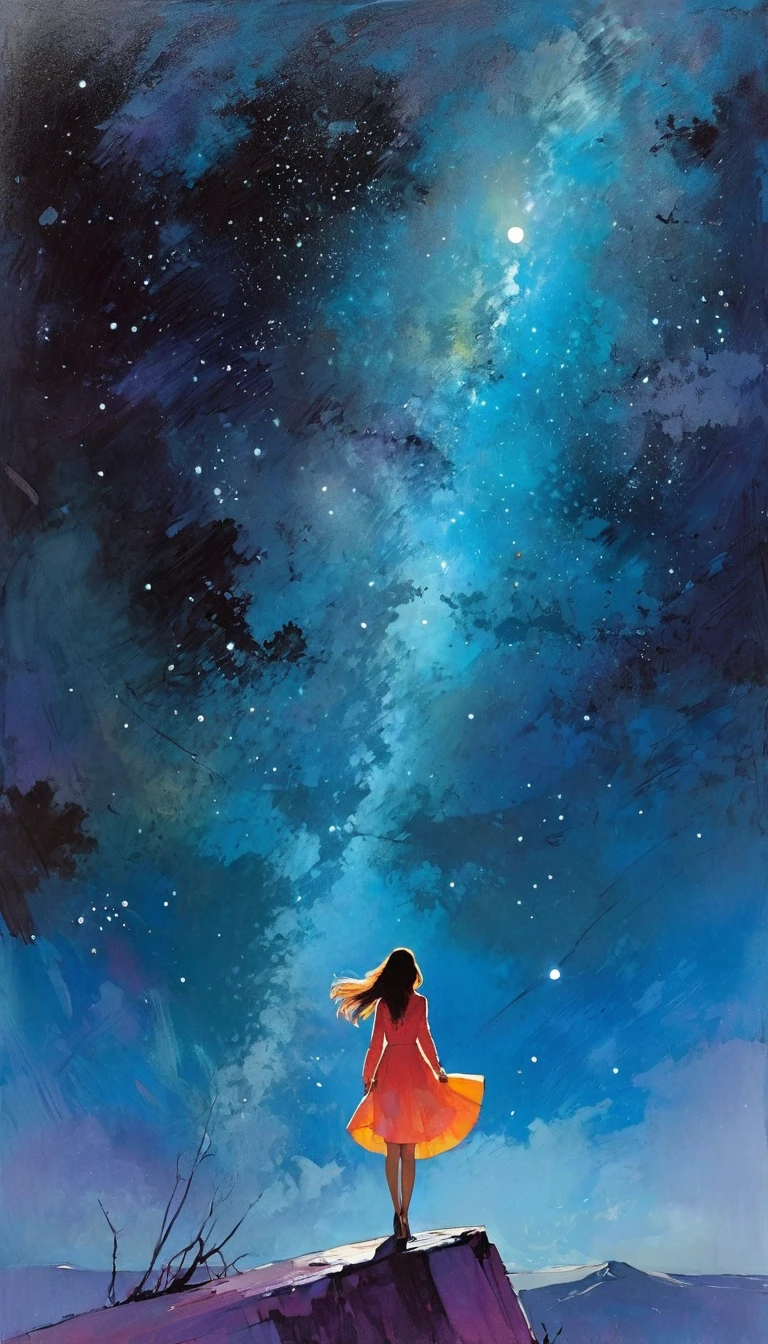  Magie, fantastisch, Nachthimmel, Mond, Sterne, Hintergrund,  (Kunst inspiriert von Bill Sienkiewicz). Ölgemälde)