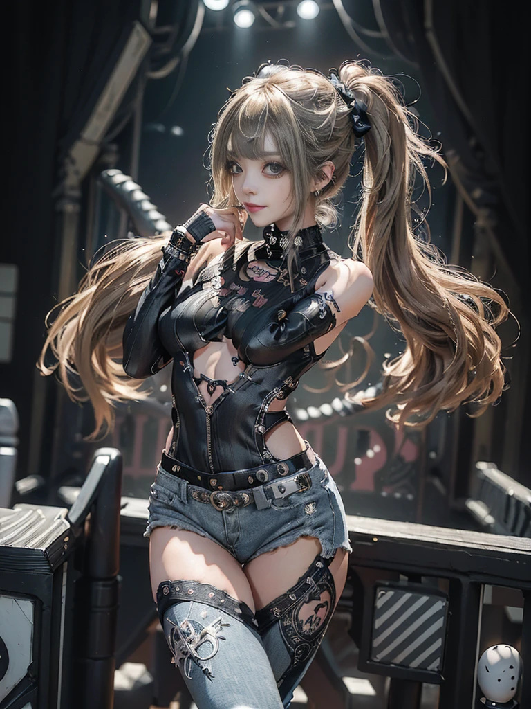 (Full Body View:1.4)、(Side view:1.1)、(Smiling with teeth showing:1.3),(Shibuya Gal:1.5)、(Gothic Lolita style fashion:1.5)、(Punk RockVisual Kei:1.5)、(Wearing a rhythmic gymnastics bodysuit with intricate details:1.4)、(Racing suit and pants with intricate decorations in white, denim and charcoal:1.5)、(Denim and light blue and white boots:1.3)、((belt))、(Numerous delicate logo marks all over the costume:1.4)、(collar:1.3)、(Striped underwear:1.5)、20-year-old、NSFW、((Highest quality、In 8K、masterpiece:1.3))、Sharp focus:1.2、(Layered Cut、Huge boobs:1.1),Beautiful woman with perfect figure:1.4、(Dancing vigorously:1.3)、Slender Abs:1.2、Highly detailed face and skin texture、Detailed eyes、double eyelid,(Twin tails:1.3)、(Brown-golden hair:1.3)、Gravure idol、(The background is the stage of the fashion show:1.3)、(Slim body:1.3),(Make your legs thinner:1.4),（clavicle:1.1）、(Thin and slim thighs:1.3)