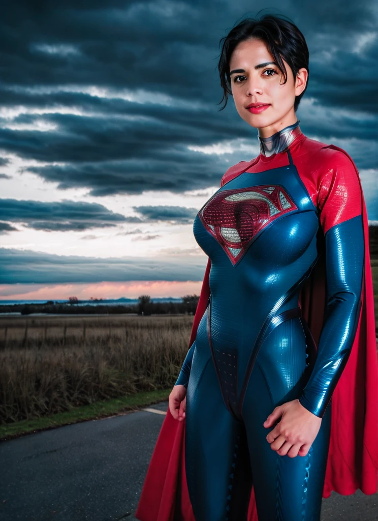 photo of supergirl, short hair, bodysuit, cape, smile, outdoors stormy night, background sky, analog style (look at viewer:1.2) (skin texture), Fujifilm XT3, DSLR, 50mm  