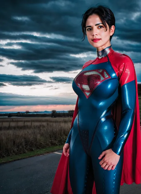 photo of supergirl, short hair, bodysuit, cape, smile, outdoors stormy night, background sky, analog style (look at viewer:1.2) ...
