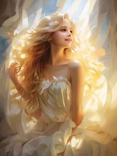 1 angel girl, wings on your back、blonde, long hair, alone、smile、magic, strapless white dress、hopeful face、