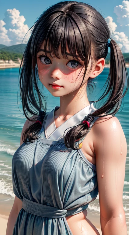 High resolution, Highest quality,  super high quality, Very detailed, 8K、Swimwear、、Embarrassing、Sweaty、Sweat、Embarrassing、(masterpiece:1.2, Highest quality), (Realistic, photoRealistic:1.4), Beautiful illustrations, (Natural Side Lighting, Cinema Lighting), View your viewers, whole body, 1 Girl, Japanese, high school girl, Perfect Face, Cute and symmetrical face, Shiny skin, Baby Face, (short hair, Low twin tails,Black Hair), Hair between the eyes, black eye, Big eyes, Droopy eyes, (Center of chest, Captivating thighs, Big Ass)