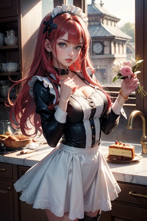 Baobhan Sith, ornament hair, perfectly body, perfectly hands, stand up close to window, wave hair, red hair, long hair, green eyes, kitchen, kitchen scenery, white body, maid, maid apron, maid headdress, collarbone, more details on her clothes, cake with lemon, white body with gold details, white rose on her hair, ornament hair, Looking at the viewer, flowing hair, Beautiful Eyes, Plump and glossy lips, body with too many frills, white body, black laces, green gem, Lace trim, luxury gold details, gold jewelry, more details, best quality, Big sparkling eyes, blushing, lace garter, solo, centered girl, cowboy shot, perfectly body, perfectly hands, two arms, two legs, two hands, five fingers, perfect anatomy, glowing hair, white roses on her hair, kitchen scenery, solo, flowing hair, floating hair, ornament hair, perfectly body, perfectly hands, on the sea, sparkles, more details on her clothes, gold details on her dress, ((4k, masterpiece, top-quality)), 8k, best quality, high resolution, UHD, (illustration:0.8), super cute girl, delicate and beautiful face, mature girl, super cute hairstyle, (beautiful detailed eyes:1.6), extremely detailed face, perfect lighting, extremely detailed CG, (perfect hands, perfect anatomy), Best quality 