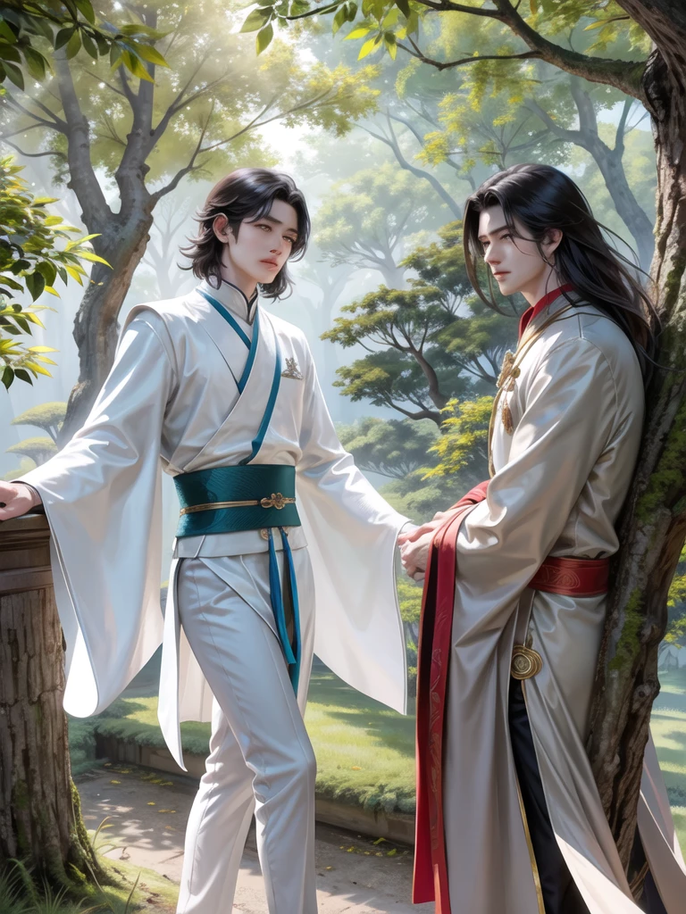 Sous le soleil du soir qui brille Le vent soufflait à travers les feuilles du vieil arbre sacré. Hao Ran, un bel homme qui avait brillé dans le monde, se tenait à côté de Zhang Min, un beau jeune homme. Plein de charme Les deux se regardèrent&#39;les yeux pleins d&#39;amour et de tendresse. Hao Ran était grand et mince, avec longtemps, cheveux noir corbeau. Attaché avec un nœud rouge Les yeux bleu vif rayonnaient de détermination. Il portait une robe noble blanche brodée d&#39;un motif de dragon doré.. Son aura était remplie de puissance et de respect. Zhang Min&#39;le corps était mince. Long, Cheveux noir de jais, s’écoulant librement, des yeux marron clair pétillant de douceur. Il portait une robe bleu roi brodée d&#39;un motif de grue. Son aura était remplie d&#39;élégance et de fascination. Le couple se tenait côte à côte à l’ombre de l’arbre sacré. La lumière du soleil brillait sur leurs visages. L&#39;image de leur beauté est aussi parfaite qu&#39;un tableau. Hao Ran a tendu la main et a touché Zhang Min&#39;la joue. Ses doigts effleurèrent doucement la surface lisse, Peau douce. Zhang Min ferma les yeux. Laisser Hao Ran caresser pleinement son visage.