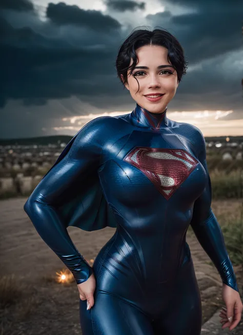 latex
catsuit
corset photo of supergirl, short hair, bodysuit, cape, smile, outdoors stormy night, background sky, analog style ...