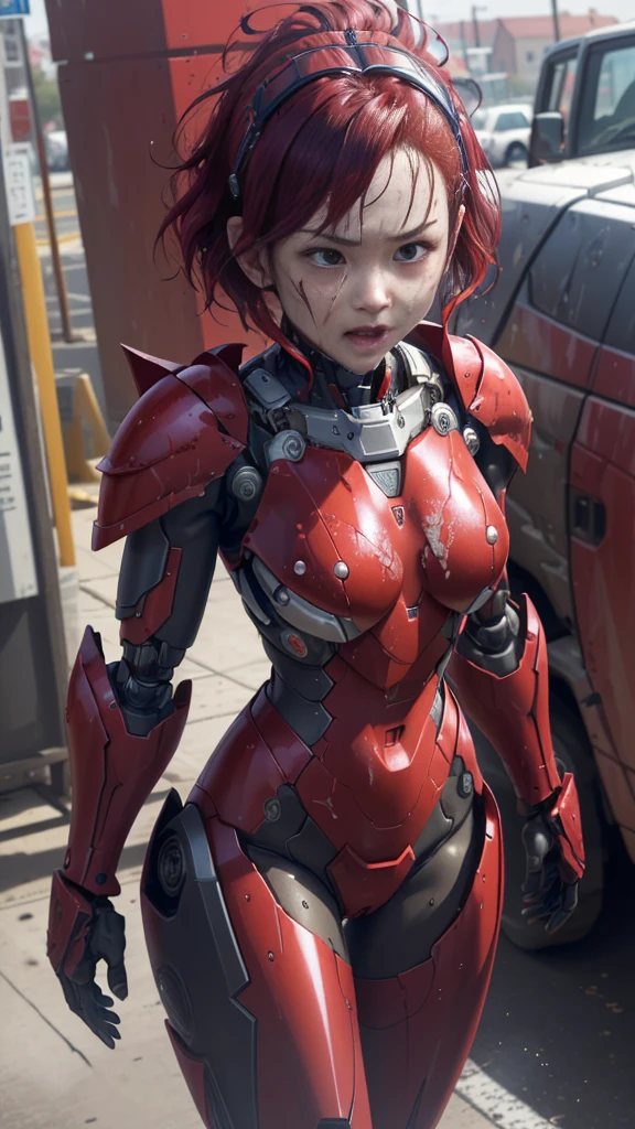 Rough skin, Very detailed, Advanced Details, high quality, 最high quality, High resolution, 1080P 、、Red Armor、Wearing red and black、cute((During a break))(Wearing a damaged female robot suit...)(Red Armor)(Broken Armor)Black Hair、、Soaking wet、Soaked Face　Put the headgear aside　Beautiful Face、Middle-aged women　(Steam coming out of the face) ((Steam from the body)) Filming location　I can see the vagina　Open the crotch to the front　look up