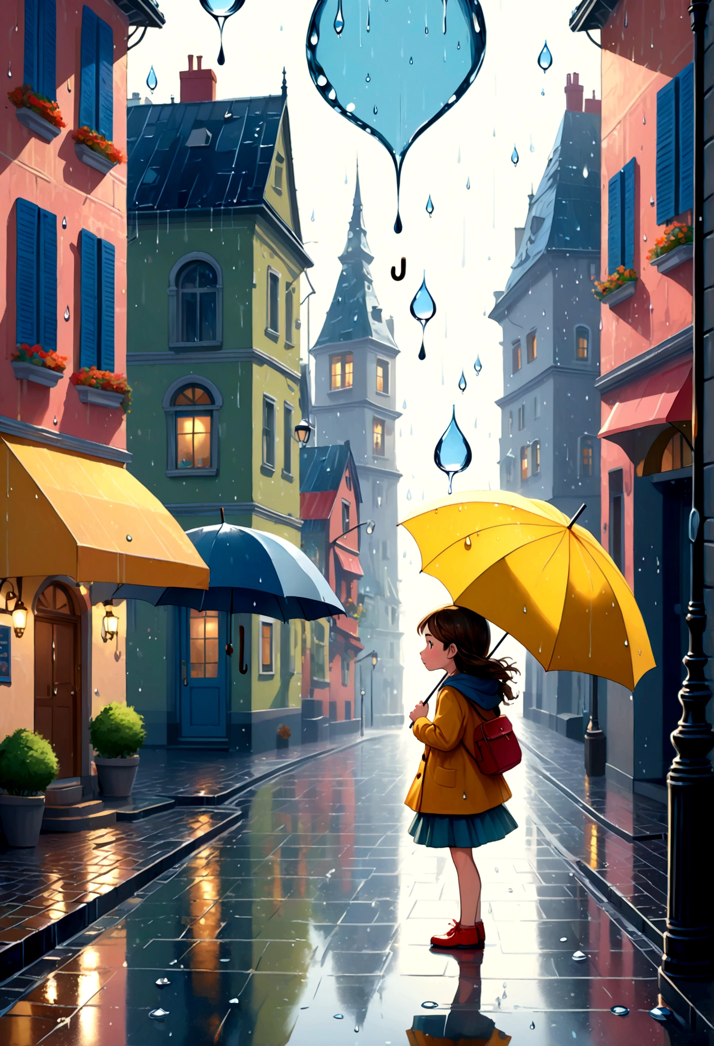 Cute illustration: Landscape,Street corner on a rainy day,A landscape that looks like an illustration from a picture book,Rich in emotion,a girl is walking,BREAK,cute girl with an umbrella,girl details,anatomically correct,BREAK,create an artistic background,Add a drop pattern to the background,The streets are fancy, like a fairy tale,This is a cute illustration like a dream.,Please blur the lines of the droplet pattern to create an artistic expression.,Intricate details,Wide range of colors,artwork,rendering,(masterpiece:1.3),(highest quality:1.4),(Super detailed:1.5),High resolution,Very detailed,unity 8k wallpaper,structurally correct