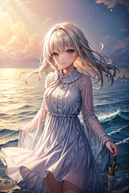 masterpiece, highres, beautiful landscape, high detailed, 1 girl, mid-ground character, beach, studio light, depth of field. The girl stands on the beach with her  colorful umbrella, looks at viewer with a smile. She wears a white beautiful dress, holds a umbrella, her hair blows in the wind. The landscape is peaceful and serene. Mildly clouds, floating clouds, light clouds, billowing clouds. The sunlight glistens on the surface of the sea. The waves of the sea gently lap against the shore, creating a serene and soothing sound.