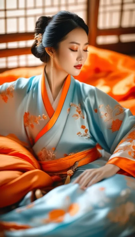 Beautiful Chinese girl wearing light blue and orange Hanfu, Lying in bed，Close your eyes, Warm colors, ultra hd photography, Clo...