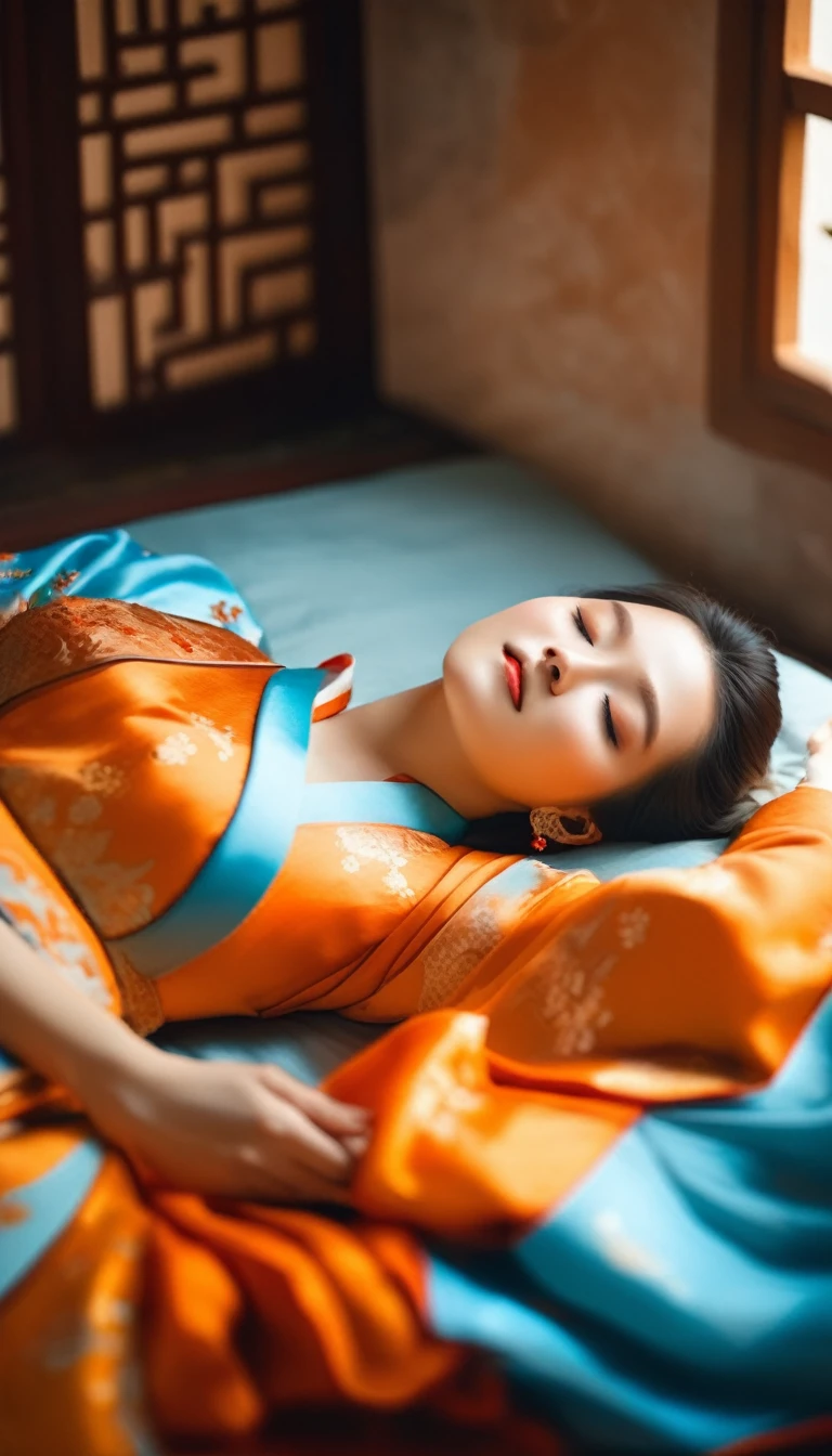 Beautiful Chinese girl wearing light blue and orange Hanfu, Lying in bed，Close your eyes, Warm colors, ultra hd photography, Close-up of chest from waist up, Soft lighting, Natural Environment, Rich details, Elegant Movement, Mysterious atmosphere. in the style of Natural Environment.